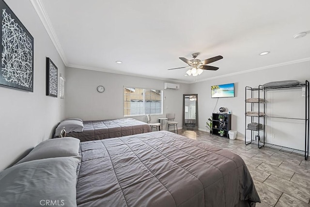 bedroom with ceiling fan, crown molding, and a wall unit AC