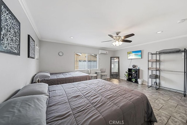 6220 Alamo Ave, Bell, CA 90201 - bedroom featuring ceiling fan, an AC wall unit, and crown molding