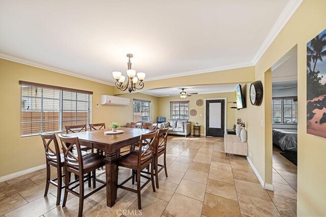 dining room featuring crown molding, light tile patterned floors, ceiling fan with notable chandelier, and a wall unit AC