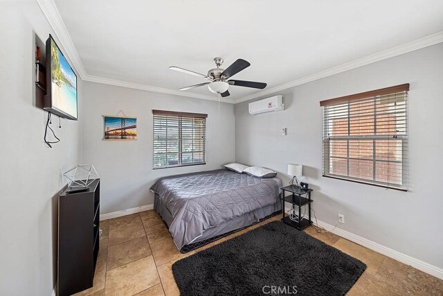 tiled bedroom with ceiling fan, crown molding, and a wall mounted AC