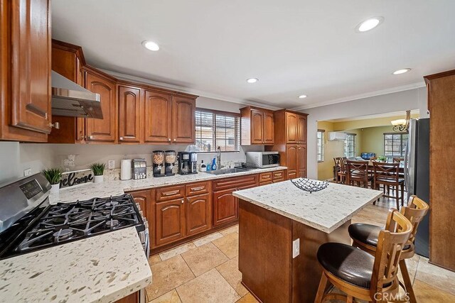 kitchen with a center island, ventilation hood, stainless steel appliances, and ornamental molding