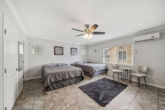 tiled bedroom with ceiling fan, a wall mounted AC, and crown molding