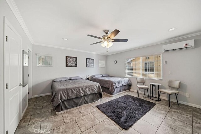 6220 Alamo Ave, Bell, CA 90201 - tiled bedroom featuring ceiling fan, ornamental molding, and a wall mounted AC