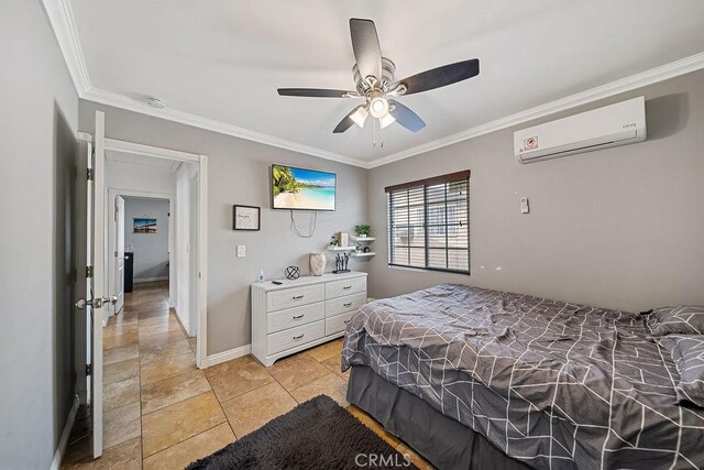 tiled bedroom with ceiling fan, a wall mounted AC, and ornamental molding