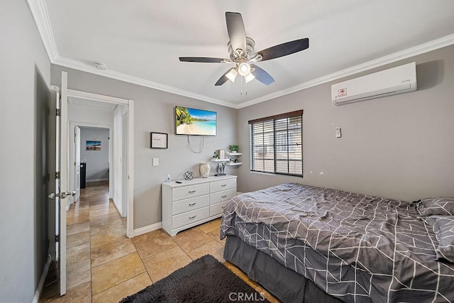 6220 Alamo Ave, Bell, CA 90201 - bedroom featuring an AC wall unit, light tile patterned floors, ornamental molding, and ceiling fan