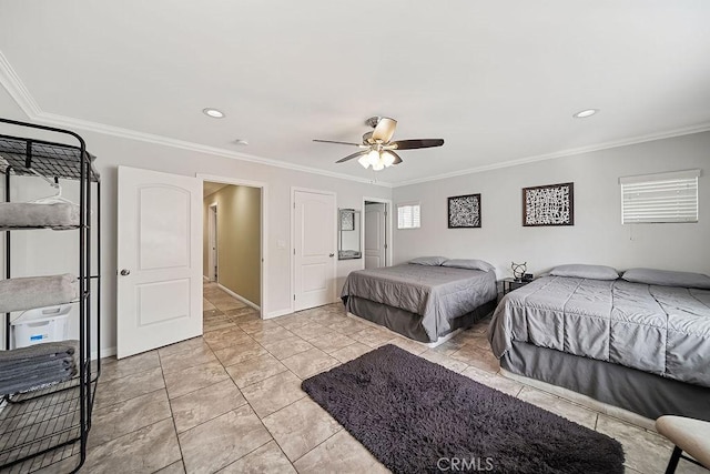 tiled bedroom featuring ceiling fan and crown molding