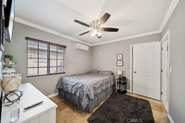 tiled bedroom with ceiling fan, an AC wall unit, and crown molding