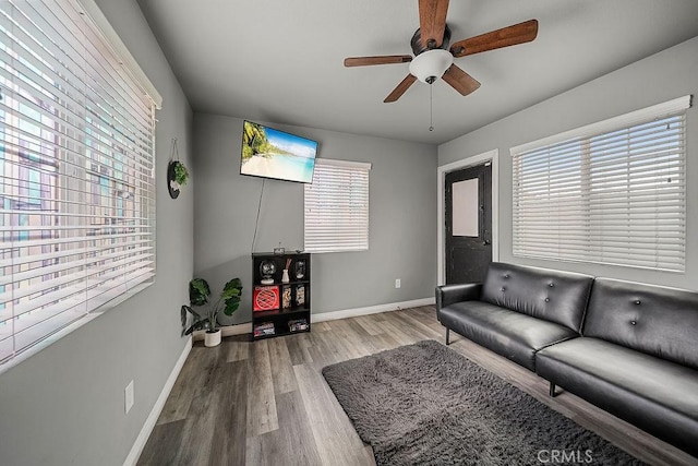 living room with ceiling fan and light wood-type flooring