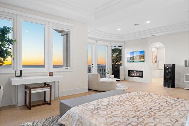 bedroom with light wood-type flooring, access to exterior, a tray ceiling, and multiple windows