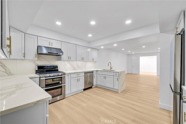 kitchen featuring stainless steel appliances, light wood-type flooring, kitchen peninsula, sink, and white cabinetry