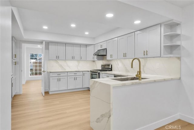 kitchen with light hardwood / wood-style floors, stainless steel range, kitchen peninsula, sink, and white cabinetry