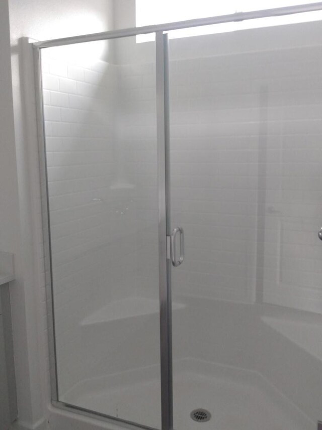 bathroom featuring a shower with shower door