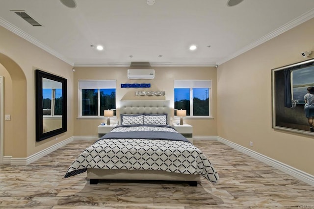 bedroom with arched walkways, crown molding, visible vents, a wall mounted air conditioner, and baseboards