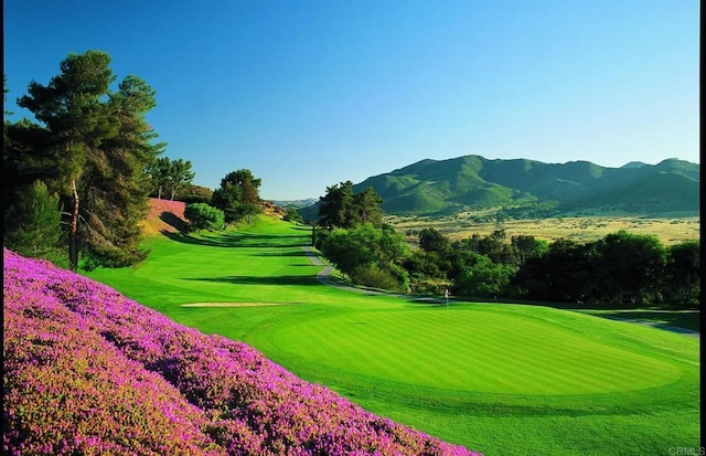 view of community featuring view of golf course, a mountain view, and a yard