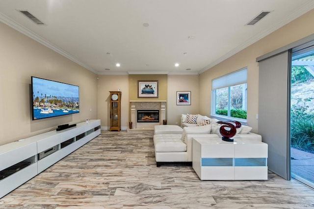 living room with plenty of natural light, a premium fireplace, and visible vents