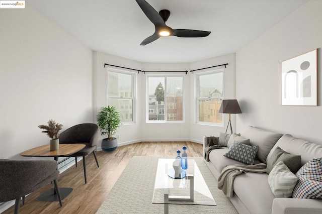 living room featuring ceiling fan and light wood-type flooring