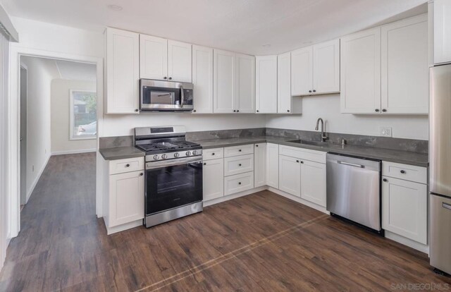 kitchen with sink, white cabinetry, appliances with stainless steel finishes, and dark hardwood / wood-style floors