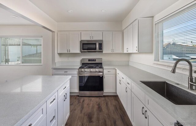 kitchen with a wealth of natural light, stainless steel appliances, white cabinetry, and sink