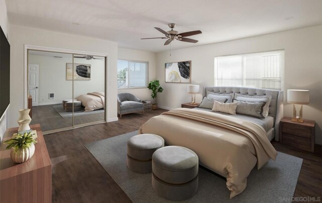 bedroom with ceiling fan, dark hardwood / wood-style flooring, and a closet