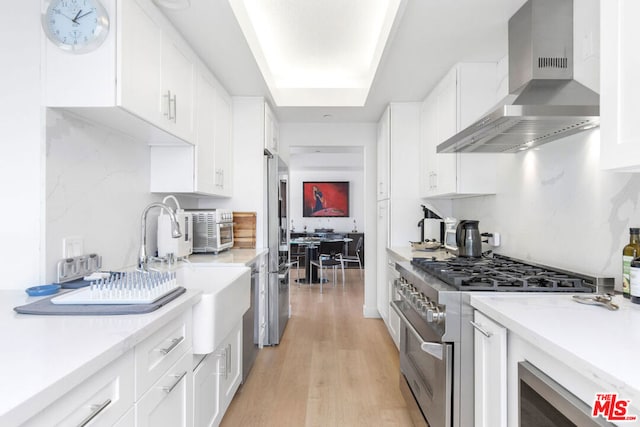 kitchen featuring white cabinetry, light hardwood / wood-style flooring, wall chimney exhaust hood, and stainless steel appliances