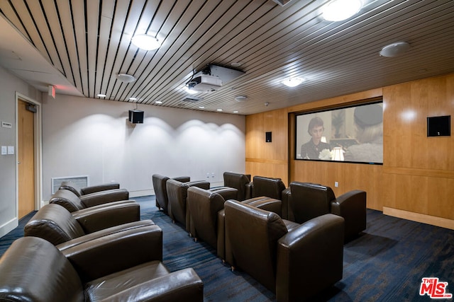 home theater room with wooden ceiling and wood walls