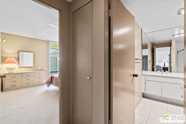 interior space with a textured ceiling, light colored carpet, and sink