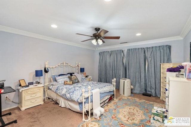 bedroom featuring ceiling fan, carpet floors, and crown molding