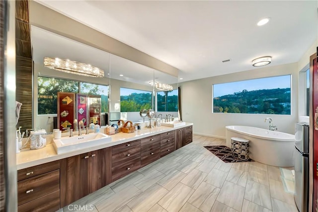 bathroom featuring double vanity, a freestanding tub, and a sink