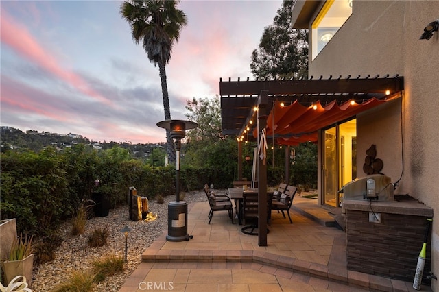 view of patio with exterior kitchen, outdoor dining area, and a pergola