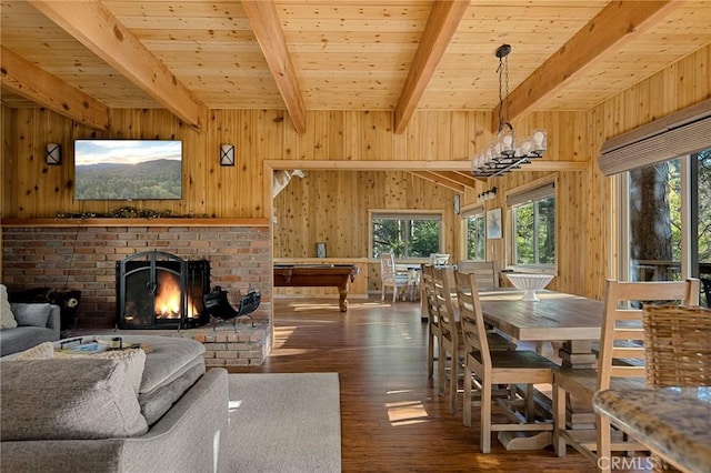 dining space with a fireplace, beamed ceiling, wooden walls, wood ceiling, and dark wood-type flooring