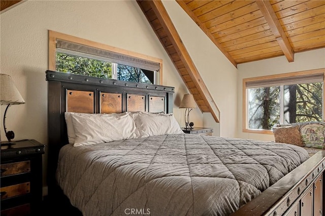 bedroom with lofted ceiling with beams and wood ceiling