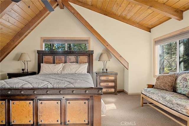 carpeted bedroom with wooden ceiling and lofted ceiling with beams