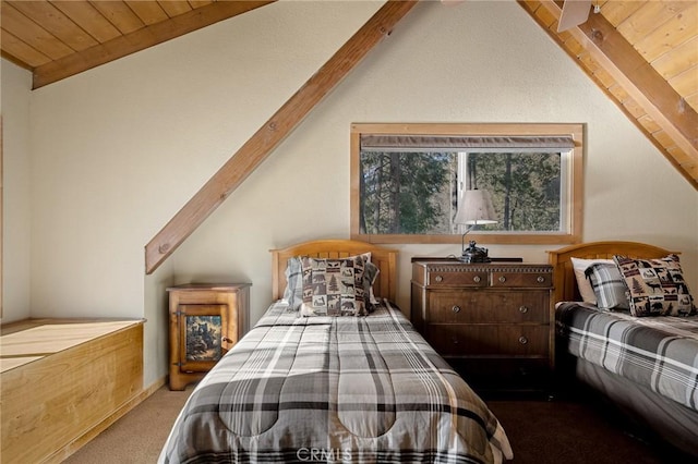 bedroom featuring vaulted ceiling with beams, wood ceiling, and carpet floors