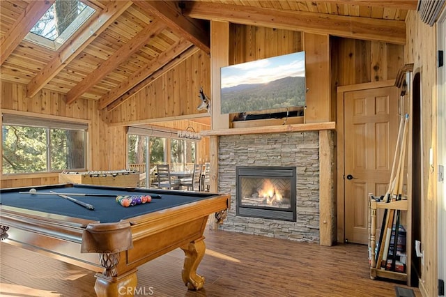 recreation room featuring billiards, wood ceiling, beamed ceiling, and wooden walls