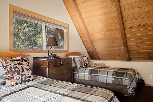 bedroom featuring wooden ceiling and lofted ceiling with beams