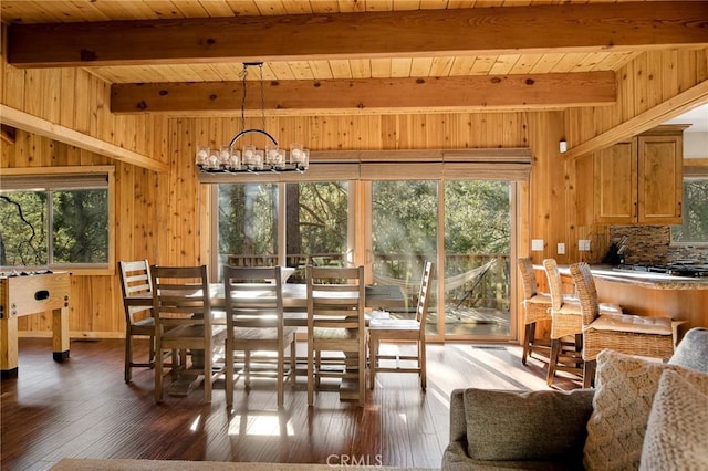 dining room with dark wood-type flooring, beamed ceiling, and wooden walls