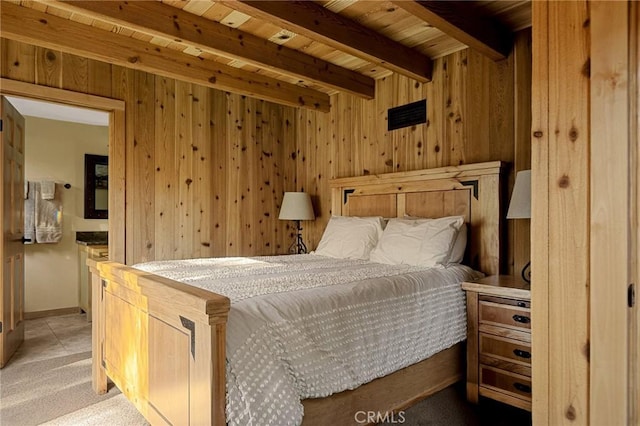 bedroom with light carpet, wooden ceiling, beam ceiling, and wooden walls