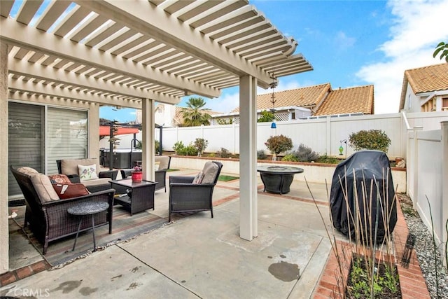 view of patio / terrace with a pergola and outdoor lounge area