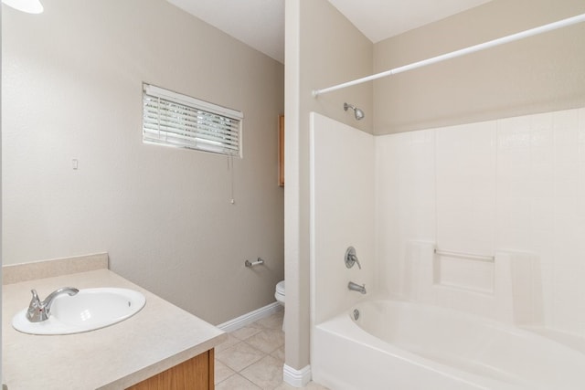 full bathroom with toilet, shower / bathtub combination, tile patterned floors, and vanity