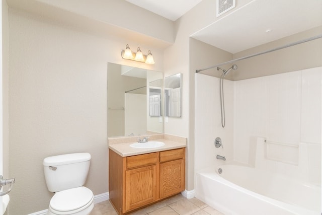 full bathroom with toilet, shower / bathtub combination, tile patterned floors, and vanity