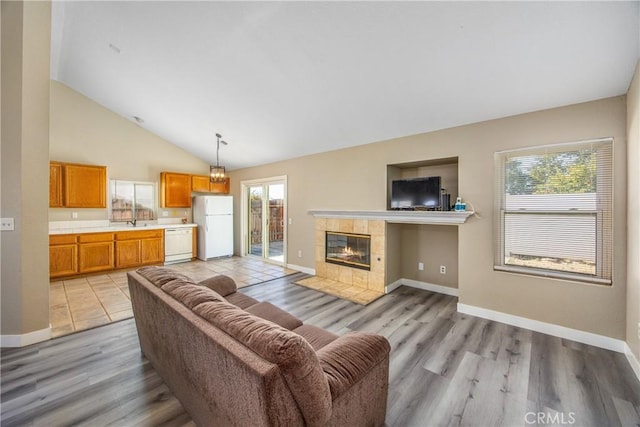 living room with a fireplace, high vaulted ceiling, light hardwood / wood-style flooring, and a wealth of natural light