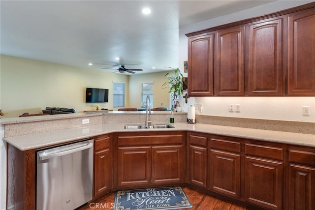 kitchen featuring recessed lighting, stainless steel dishwasher, ceiling fan, a sink, and a peninsula
