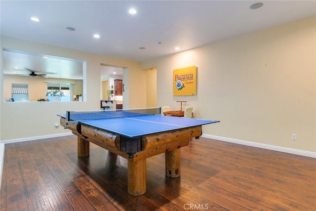 game room featuring baseboards, ceiling fan, hardwood / wood-style floors, and recessed lighting