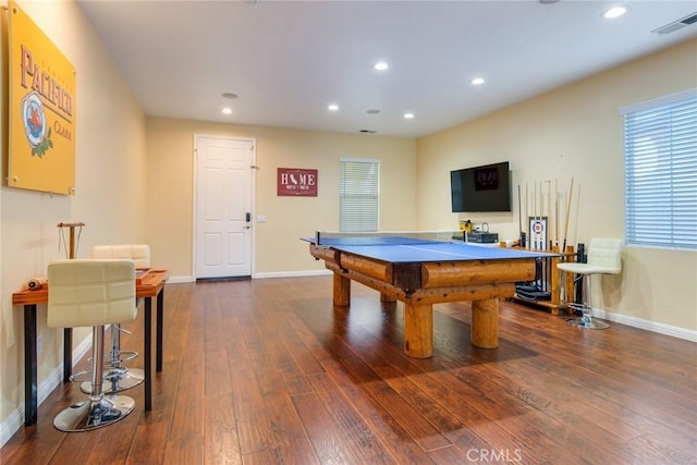 playroom featuring billiards and dark hardwood / wood-style floors