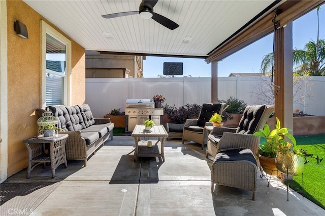 view of patio / terrace with ceiling fan, outdoor lounge area, and a grill