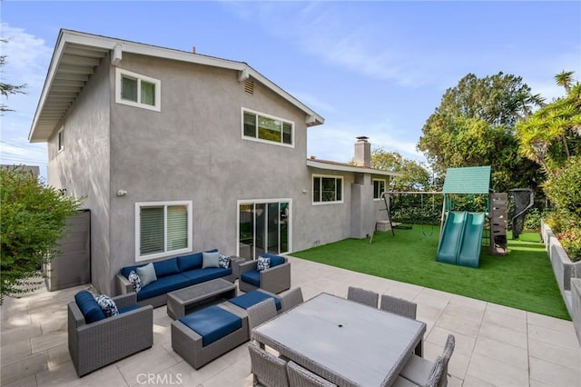 rear view of house featuring a playground, a patio area, an outdoor living space, and a lawn