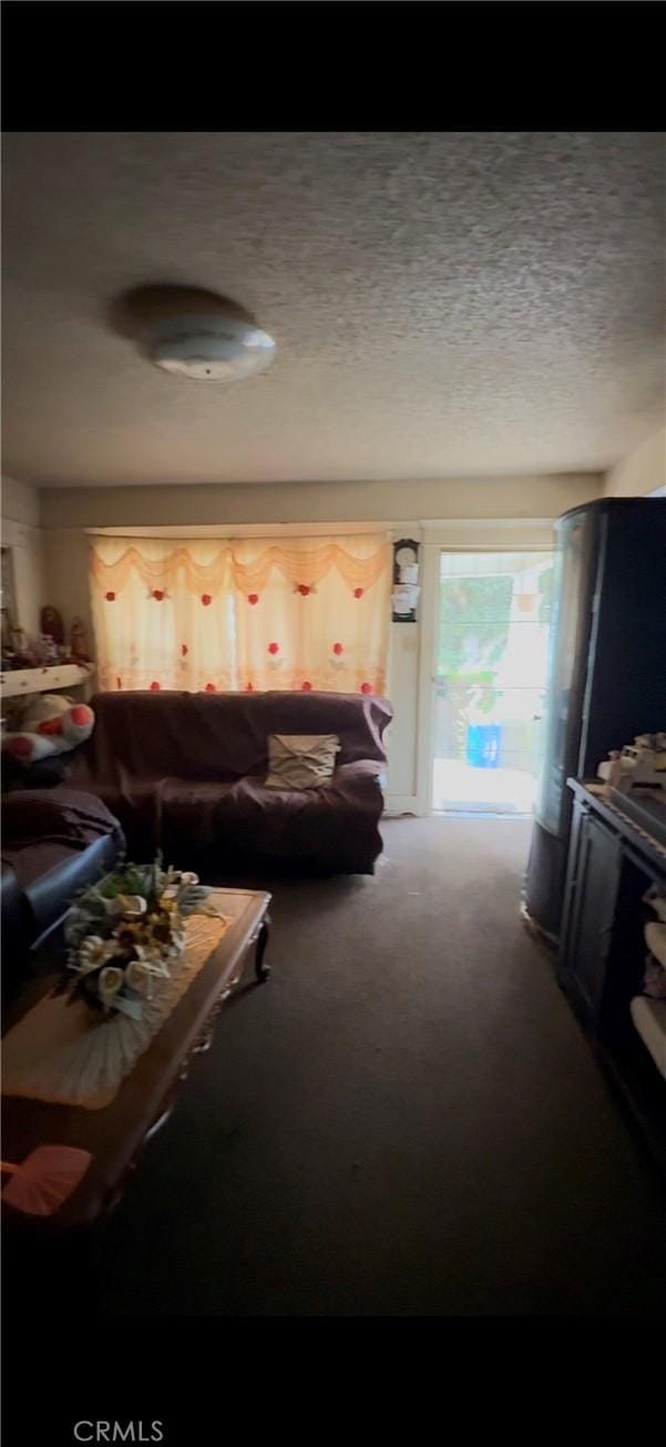 carpeted living room featuring a textured ceiling