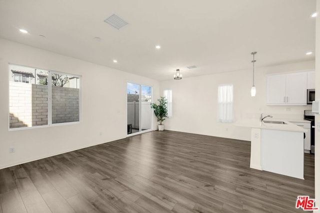 unfurnished living room featuring dark hardwood / wood-style floors and sink