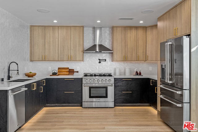 kitchen featuring tasteful backsplash, wall chimney range hood, sink, light hardwood / wood-style flooring, and premium appliances