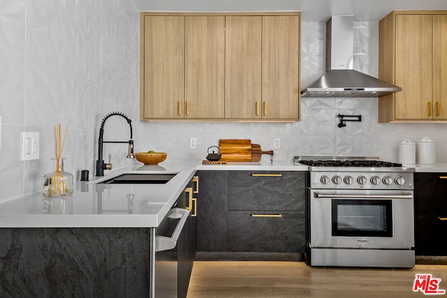 kitchen with stainless steel appliances, decorative backsplash, light brown cabinets, wall chimney exhaust hood, and sink